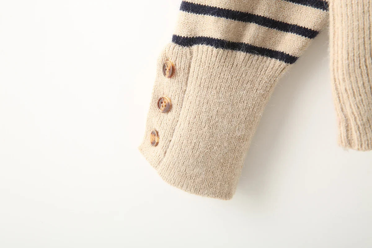 Women's new fashion button decoration casual stand collar striped knitted sweater retro long sleeved women's pullover chic top