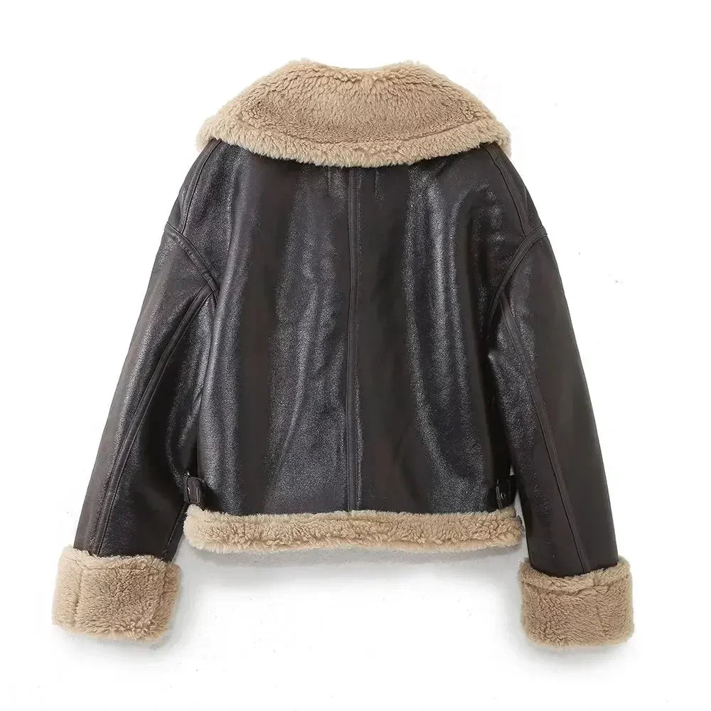 Women's new fashion short motorcycle style double-sided Fur Faux Leather jacket retro long sleeved Zipper women's Coat Chic top