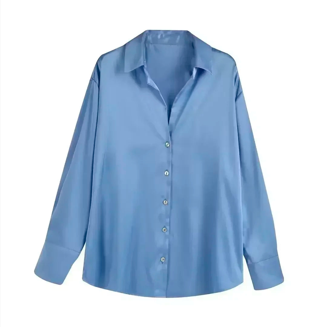Women's 2024 new fashion multi-color loose satin shirt casual Lapel shirt retro long sleeved button up women's shirt chic top