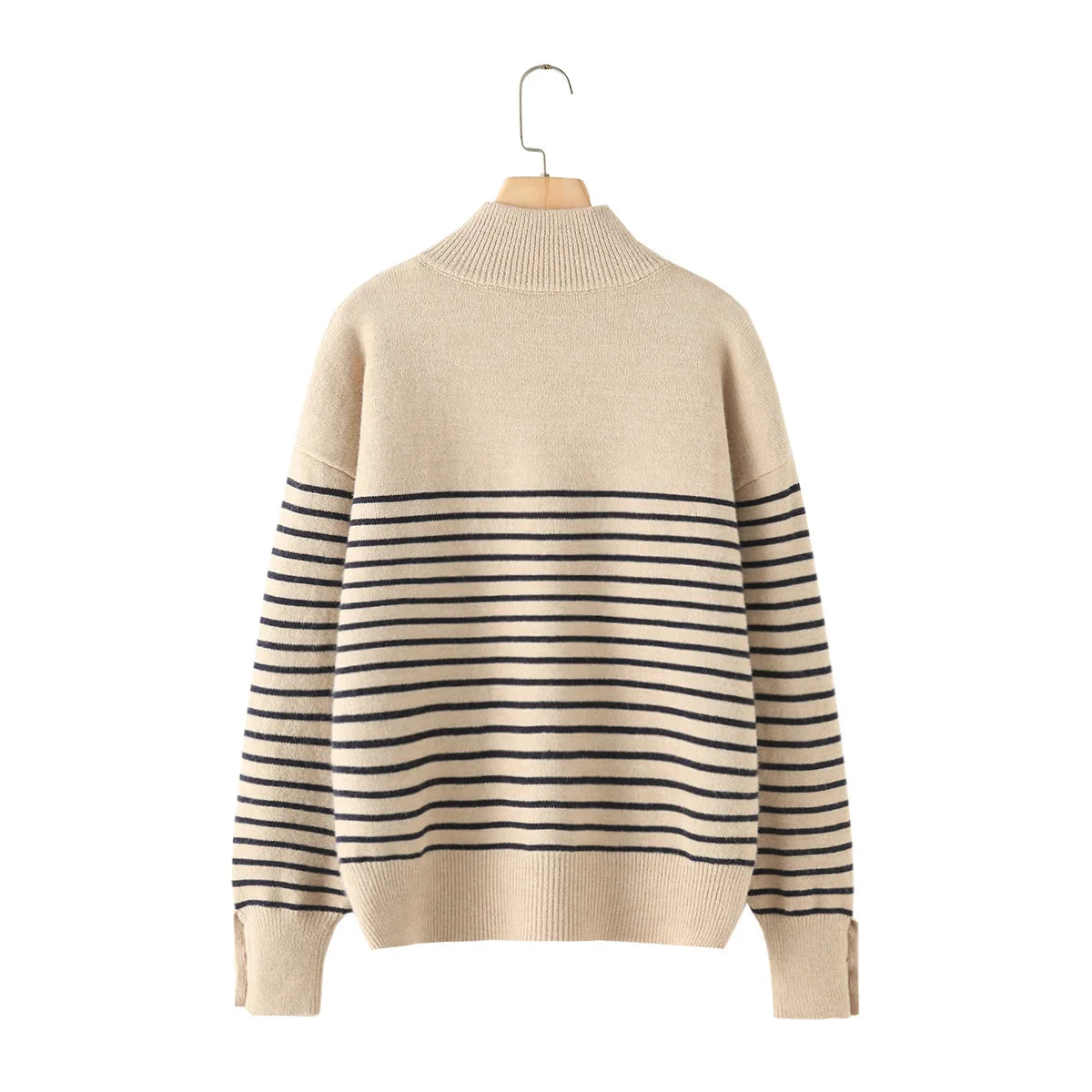 Women's new fashion button decoration casual stand collar striped knitted sweater retro long sleeved women's pullover chic top