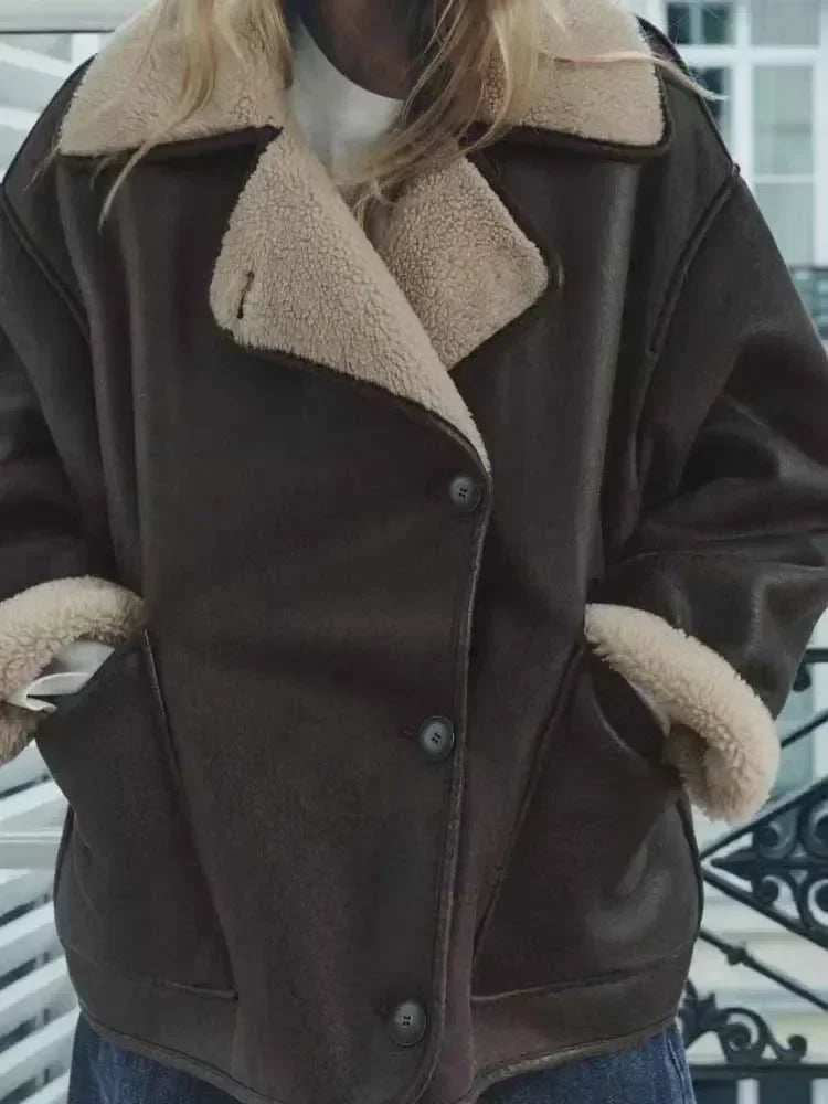 Women's winter new fashion loose single breasted double-sided Fur Faux Leather jacket retro long sleeved women's Coat chic top