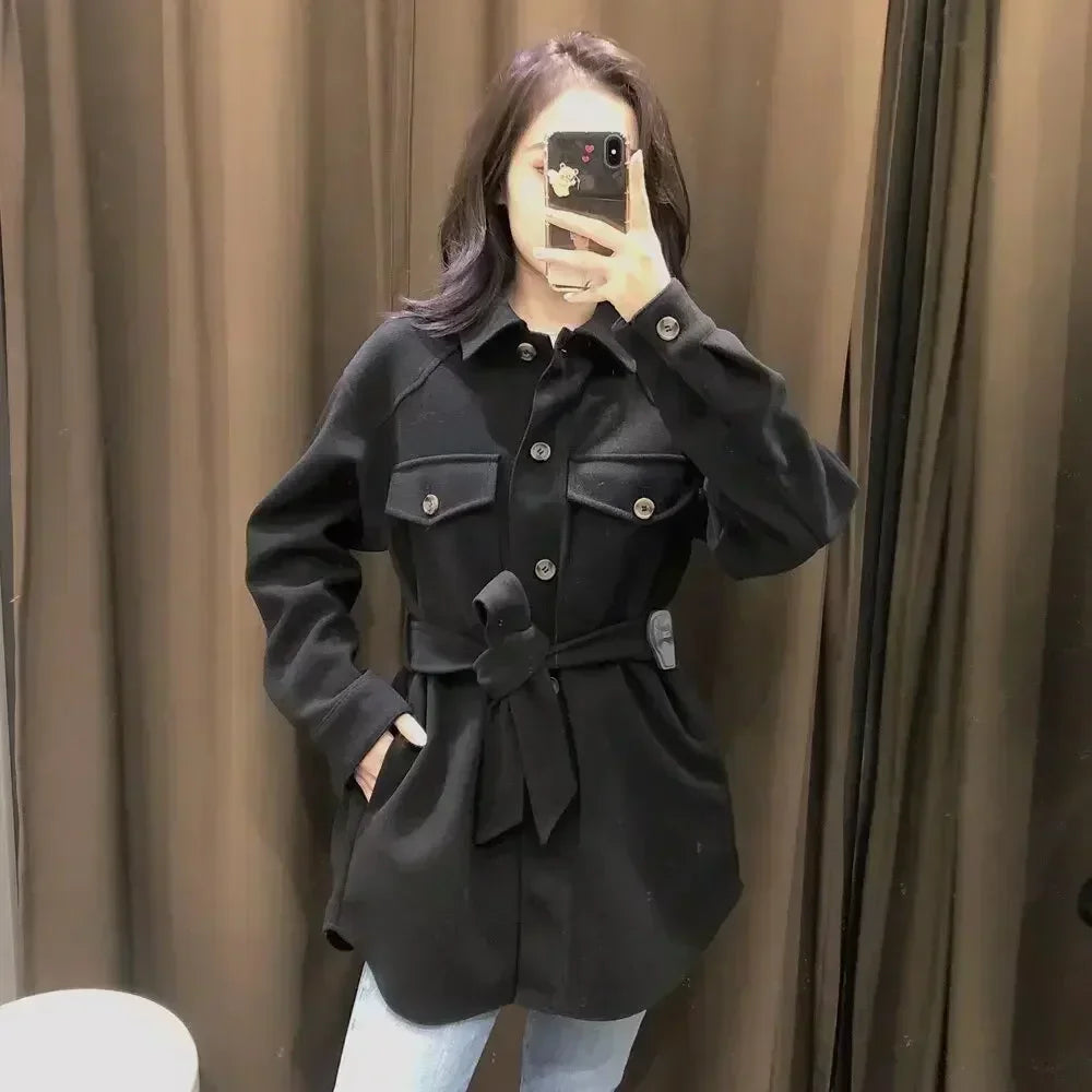 Women's 2024 new Fashion With belt loose single breasted shirt style warm woolen coat retro long sleeved women's coat chic