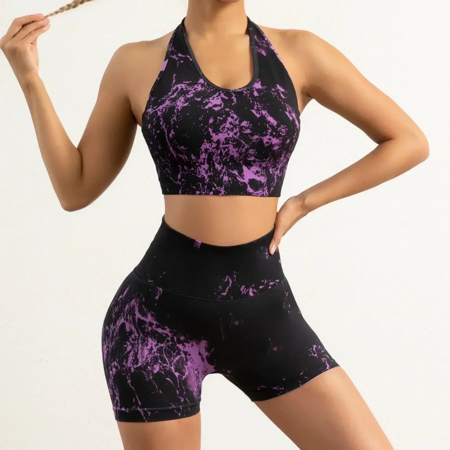 Women's New Seamless Yoga Clothes Fitness Suit High Waist Hip-lifting Fitness Pants Tie-dyed Sports Vest Running Shorts.