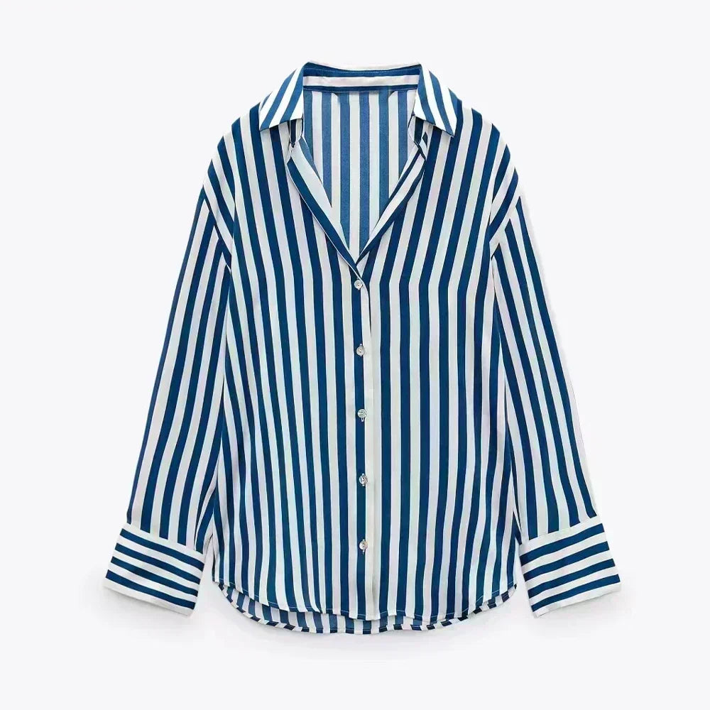 Women 2023 spring New Fashion Multicolor stripe Silk satin texture hang down Blouses Long Sleeve Button-up Female Shirts