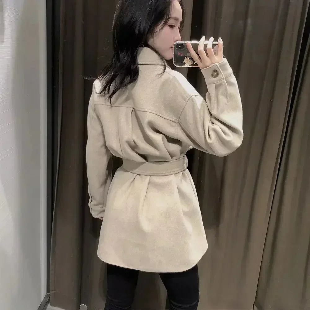 Women's 2024 new Fashion With belt loose single breasted shirt style warm woolen coat retro long sleeved women's coat chic