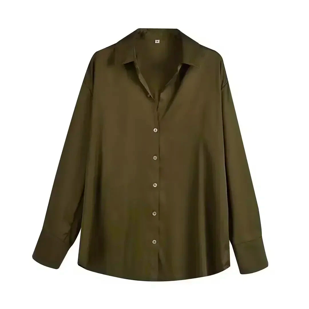 Women's 2024 new fashion multi-color loose satin shirt casual Lapel shirt retro long sleeved button up women's shirt chic top
