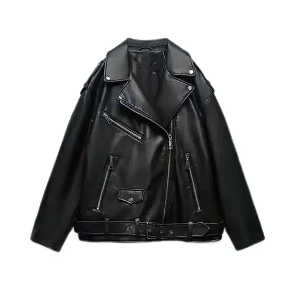 Women 2023 New Fashion With belt Loose Faux leather Locomotive style Jacket Coat Vintage Long Sleeve Female Outerwear Chic