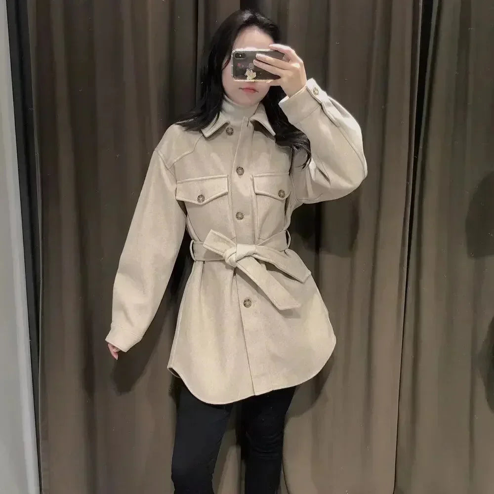 Women's 2024 new Fashion With belt loose single breasted shirt style warm woolen coat retro long sleeved women's coat chic