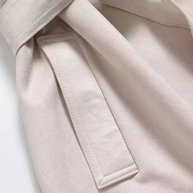 Women's new fashion with belt loose suede effect double breasted lapel coat retro long sleeved side pocket women's coat chic top
