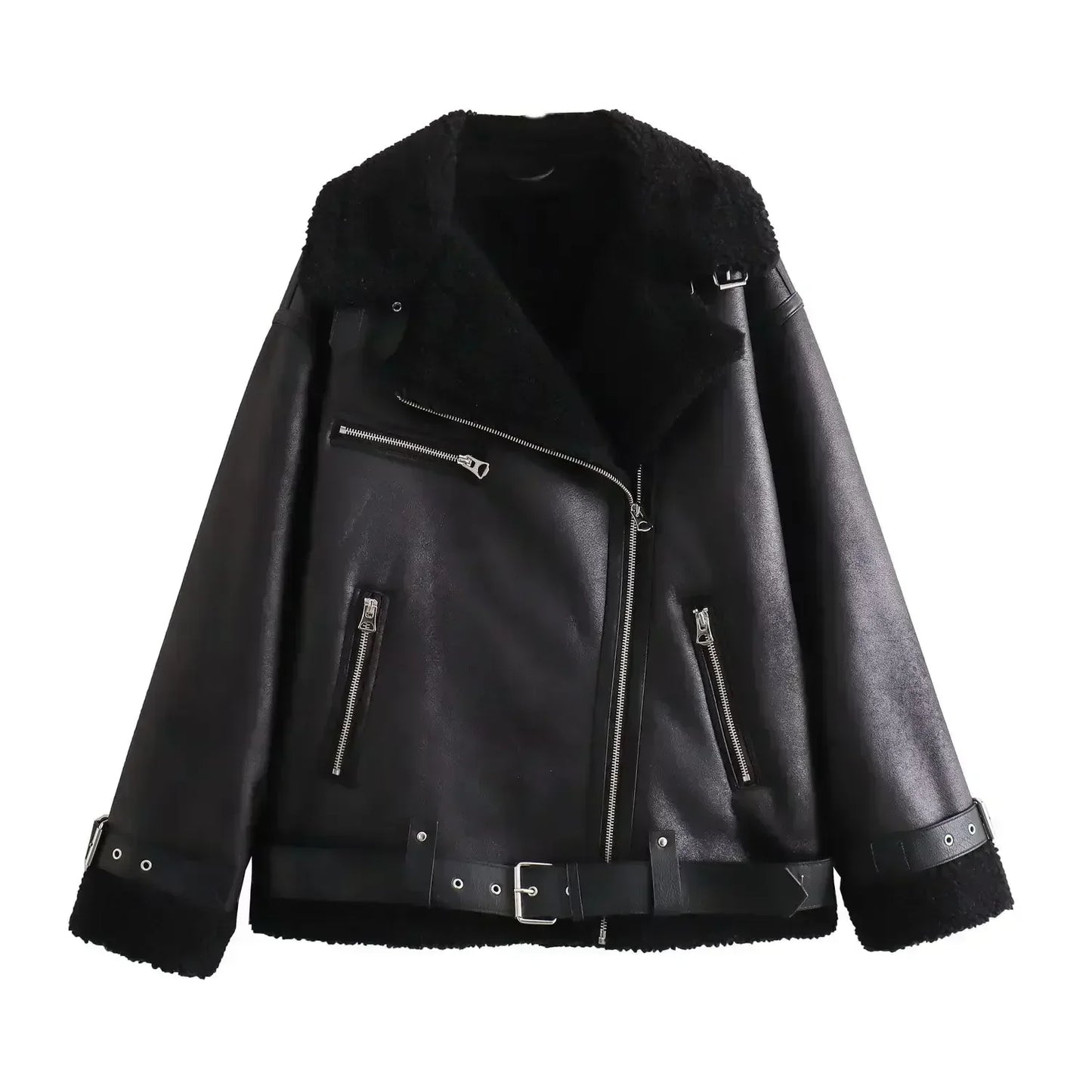 Women New Fashion With belt Warm two-sided Fur Faux Leather Jacket Coat Vintage Long Sleeve Zipper Female Outerwear Tops