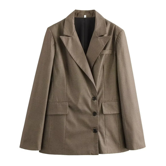 Women's 2024 New Fashion Flip Decoration Casual Single breasted Checkered Suit Coat Vintage Long sleeved Women's Coat Chic Top