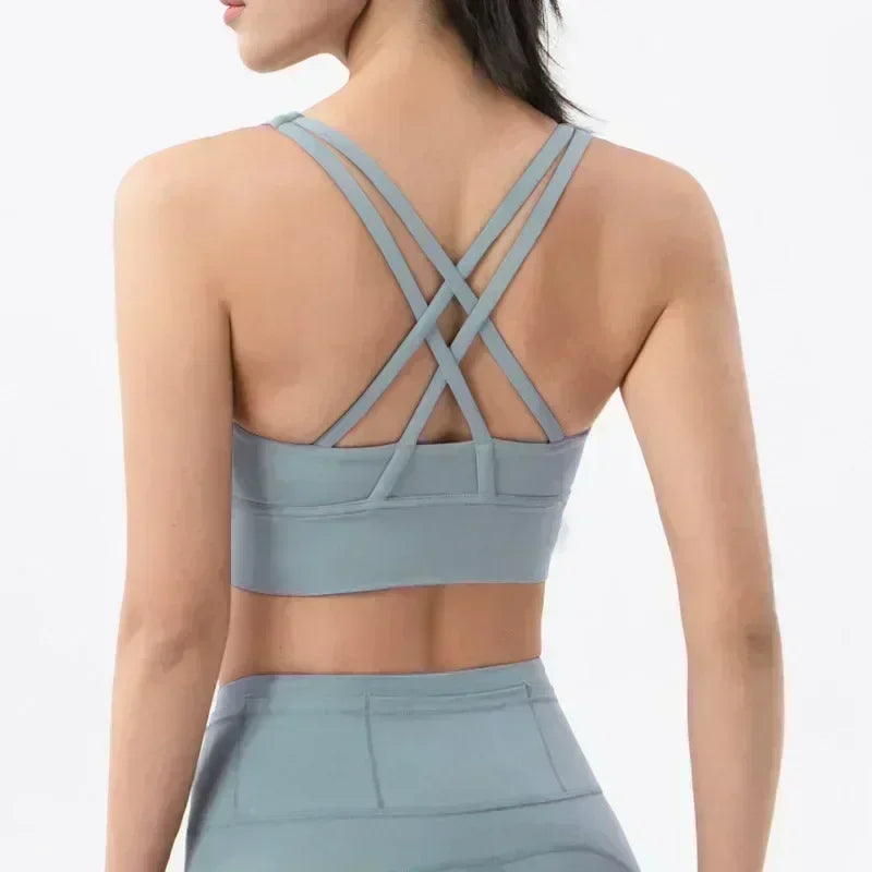 Yoga New Double-sided Sanding Cross Back Sports Bra Shockproof Gathered Yoga Bra Fitness.