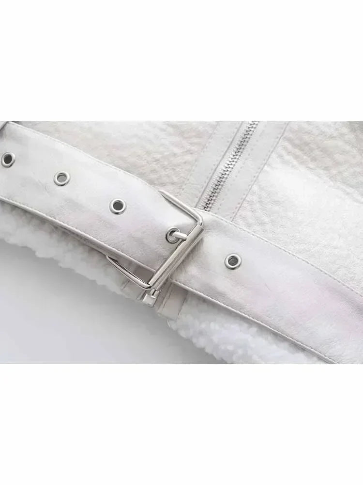 Women New Fashion With belt Cropped Fur Faux Leather Locomotive style Jacket Coat Vintage Long Sleeve Female Outerwear Chic Tops