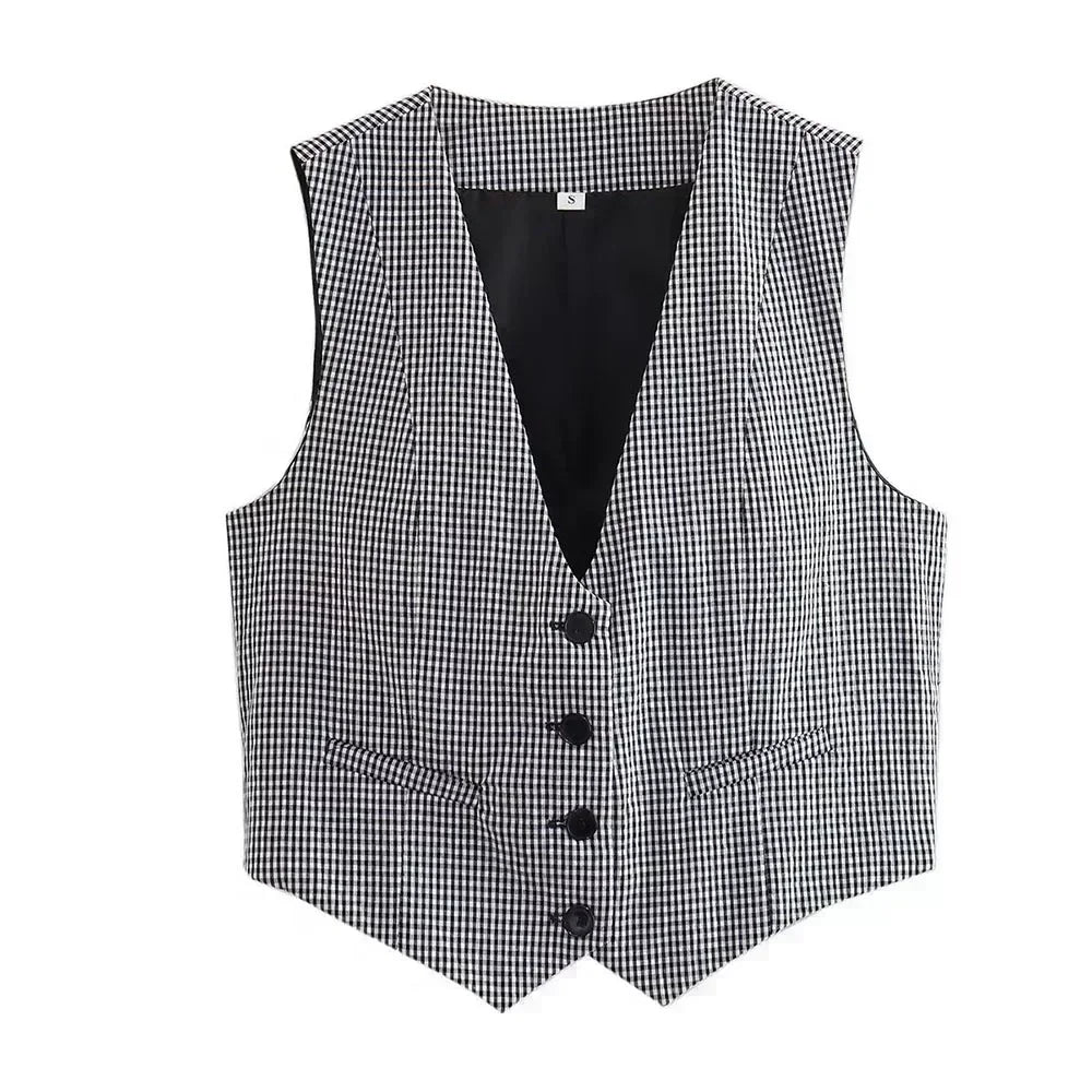 Women New Fashion Cropped V Neck Solid Casual Vest Vintage Sleeveless Button-up Female Waistcoat Chic Tops