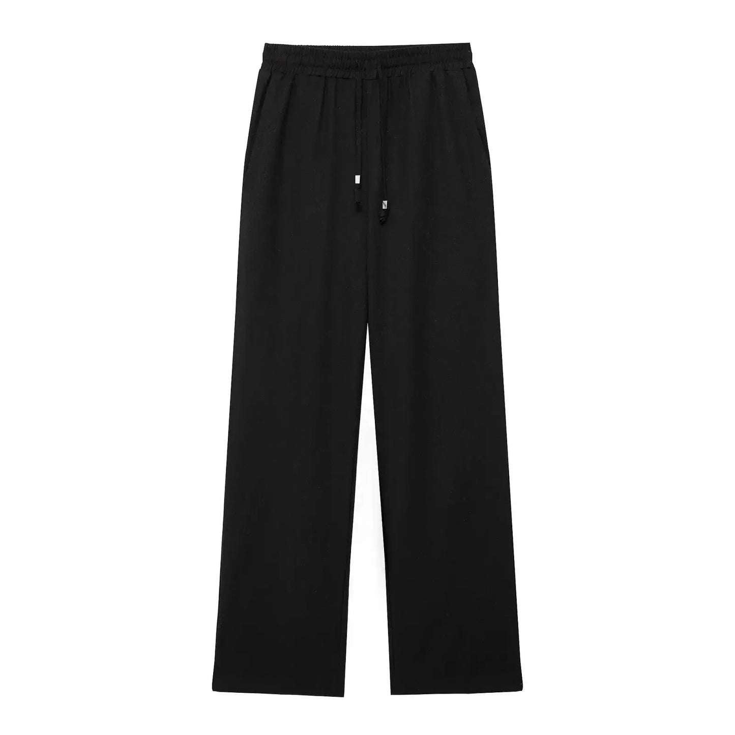 Women's New Chic Fashion Loose Side Pocket Linen Blended Wide Leg Pants Retro Elastic Waist Drawstring Women's Pants Mujer