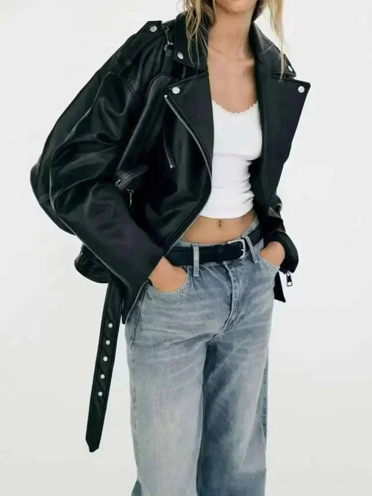 Women 2023 New Fashion With belt Loose Faux leather Locomotive style Jacket Coat Vintage Long Sleeve Female Outerwear Chic