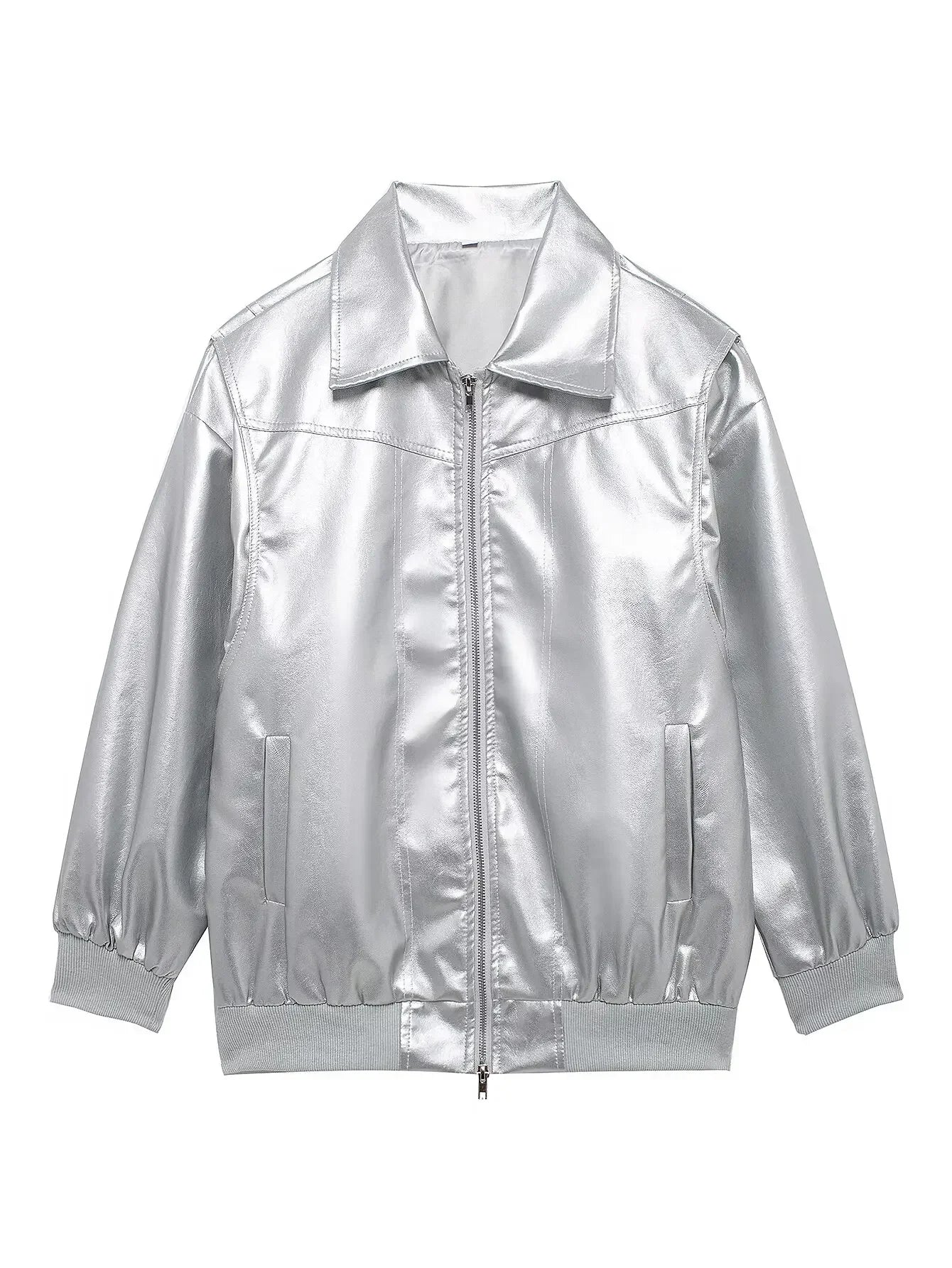 Women's new Fashion loose side pocket casual imitation leather jacket coat retro lapel long sleeved women's coat chic top