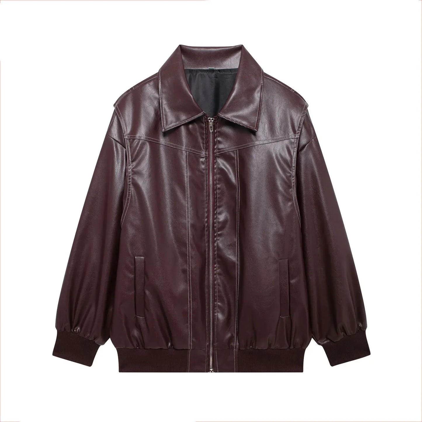 Women's new Fashion loose side pocket casual imitation leather jacket coat retro lapel long sleeved women's coat chic top