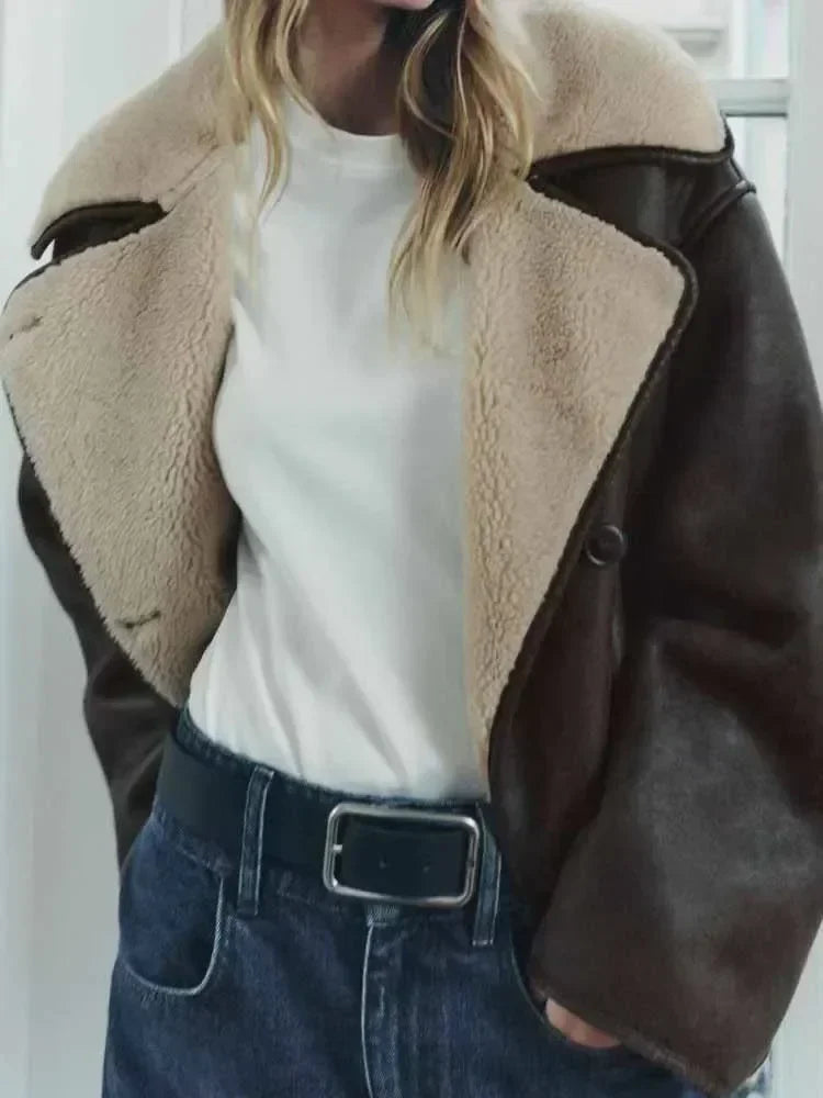 Women's winter new fashion loose single breasted double-sided Fur Faux Leather jacket retro long sleeved women's Coat chic top