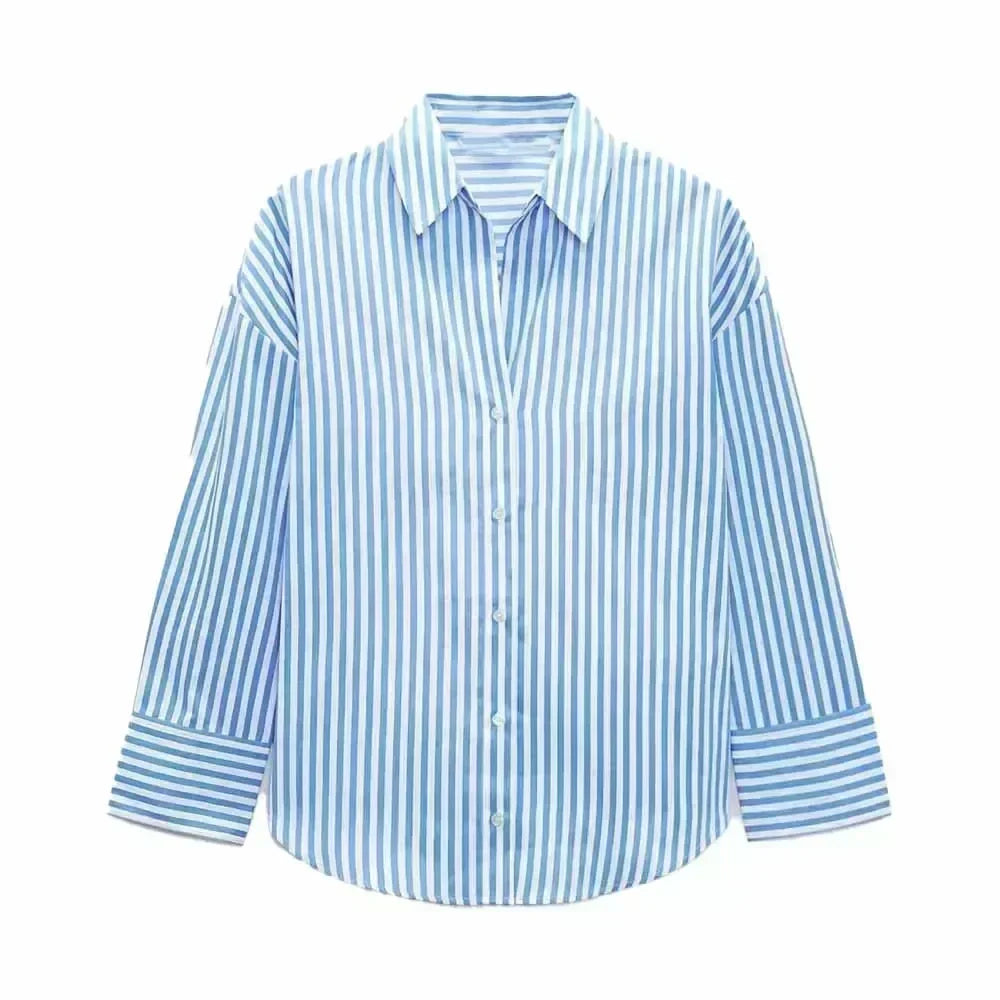 Women 2023 spring New Fashion Multicolor stripe Silk satin texture hang down Blouses Long Sleeve Button-up Female Shirts