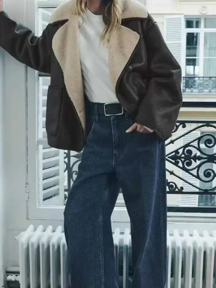 Women's winter new fashion loose single breasted double-sided Fur Faux Leather jacket retro long sleeved women's Coat chic top