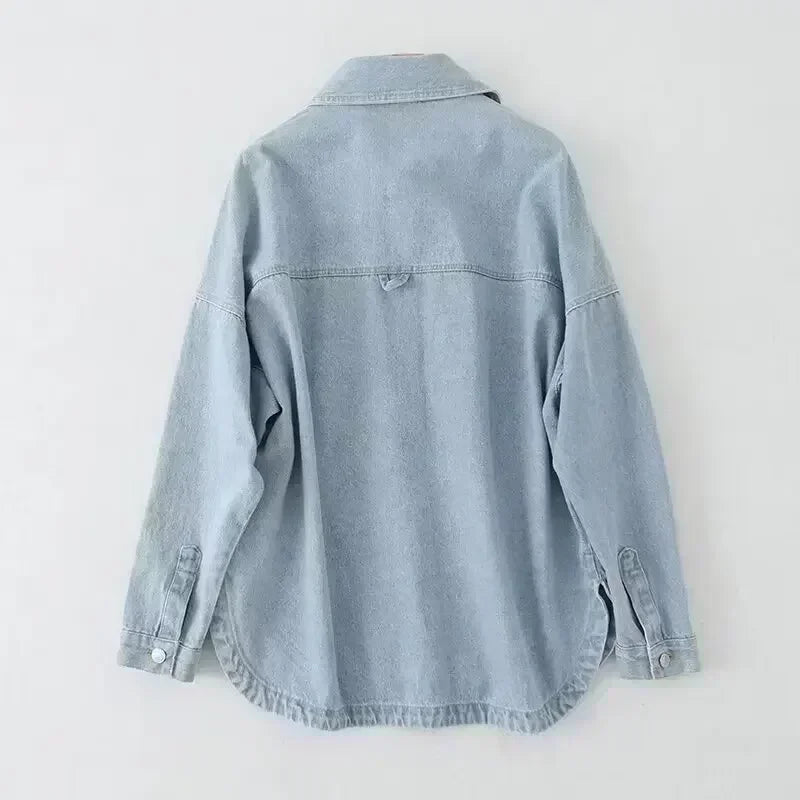 Women's new fashionable large pocket decoration loose casual denim shirt retro long sleeved button up women's shirt chic top