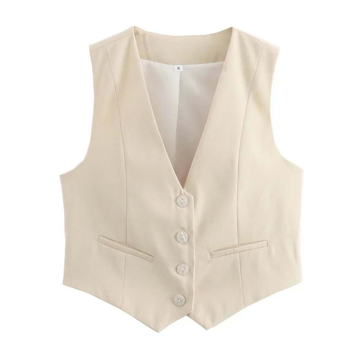 Women New Fashion Cropped V Neck Solid Casual Vest Vintage Sleeveless Button-up Female Waistcoat Chic Tops