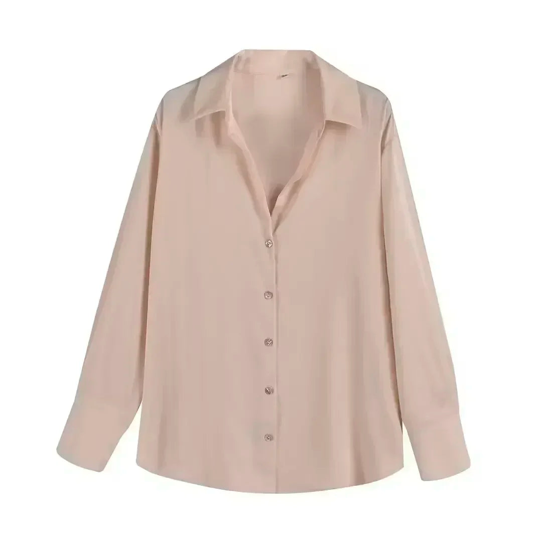 Women's 2024 new fashion multi-color loose satin shirt casual Lapel shirt retro long sleeved button up women's shirt chic top