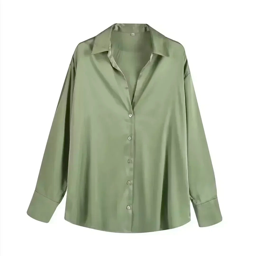 Women's 2024 new fashion multi-color loose satin shirt casual Lapel shirt retro long sleeved button up women's shirt chic top
