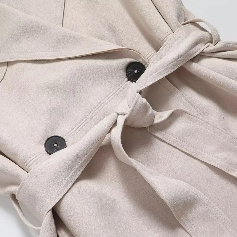 Women's new fashion with belt loose suede effect double breasted lapel coat retro long sleeved side pocket women's coat chic top