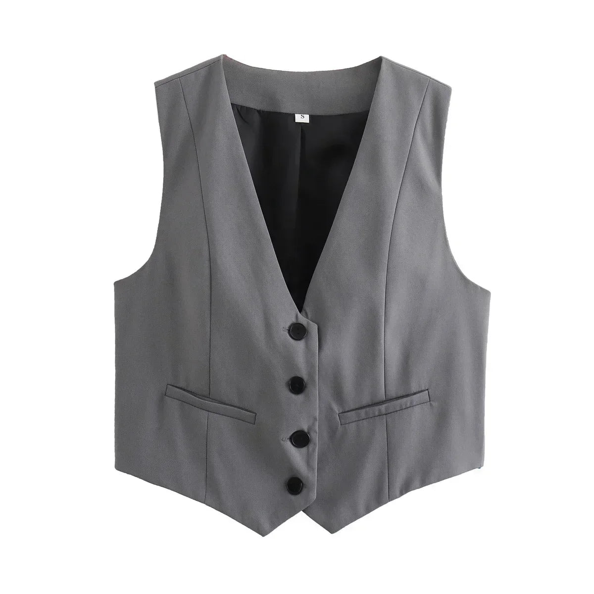 Women New Fashion Cropped V Neck Solid Casual Vest Vintage Sleeveless Button-up Female Waistcoat Chic Tops