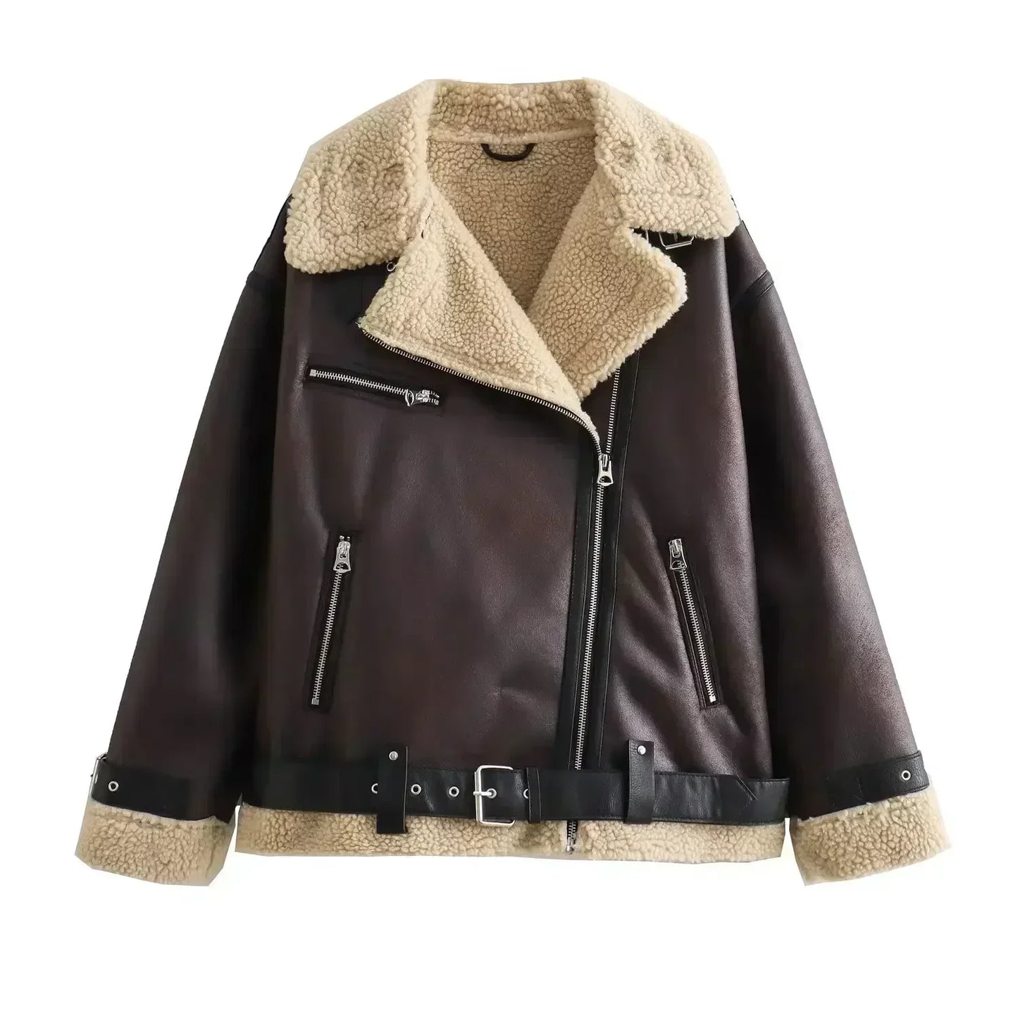 Women New Fashion With belt Warm two-sided Fur Faux Leather Jacket Coat Vintage Long Sleeve Zipper Female Outerwear Tops