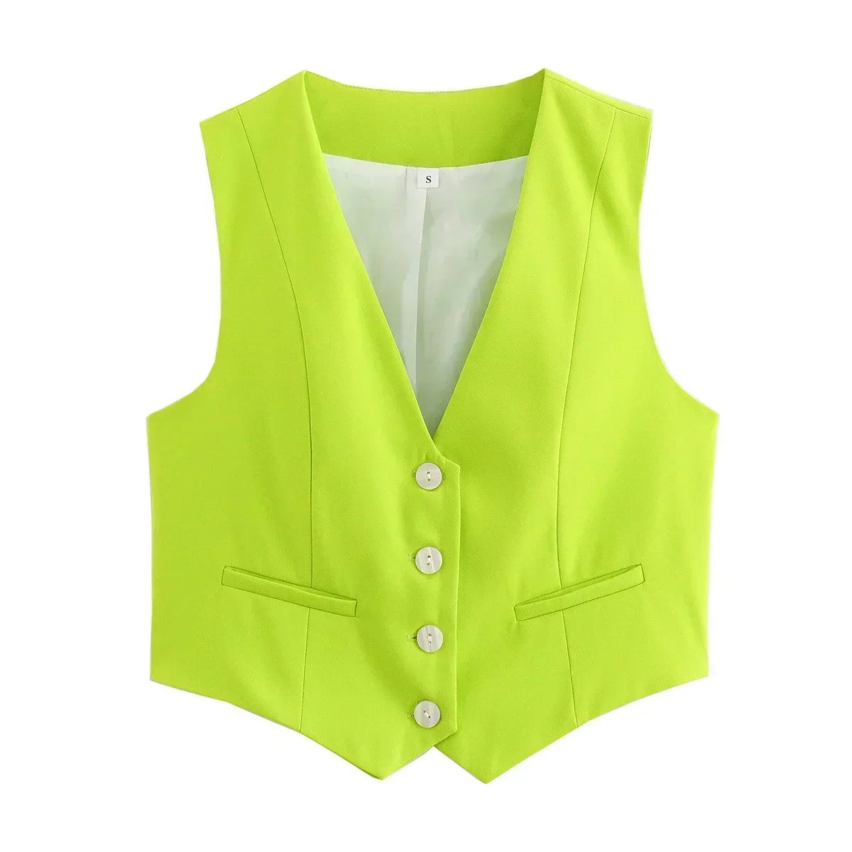 Women New Fashion Cropped V Neck Solid Casual Vest Vintage Sleeveless Button-up Female Waistcoat Chic Tops