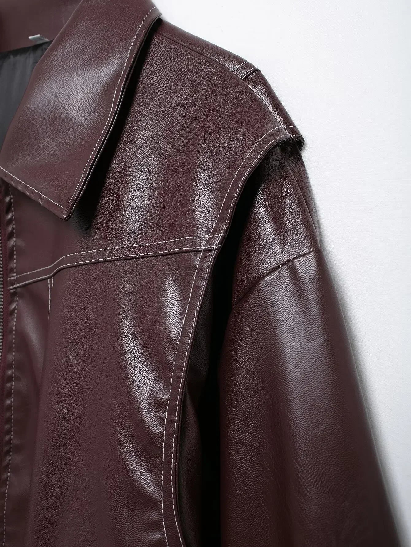 Women's new Fashion loose side pocket casual imitation leather jacket coat retro lapel long sleeved women's coat chic top