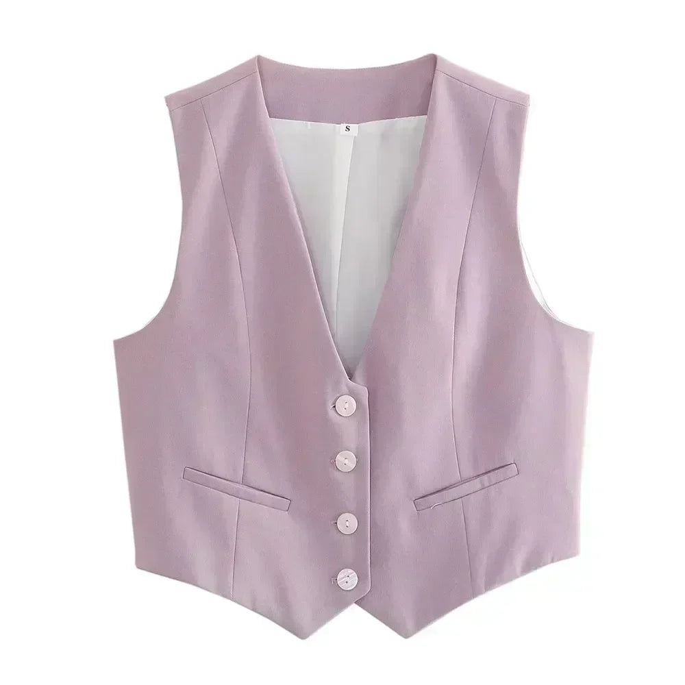 Women New Fashion Cropped V Neck Solid Casual Vest Vintage Sleeveless Button-up Female Waistcoat Chic Tops