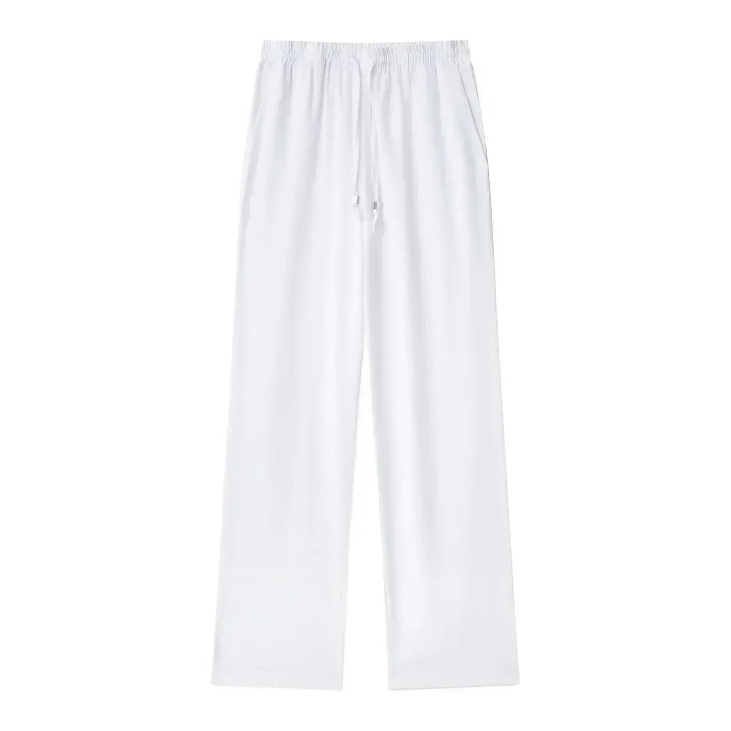 Women's New Chic Fashion Loose Side Pocket Linen Blended Wide Leg Pants Retro Elastic Waist Drawstring Women's Pants Mujer
