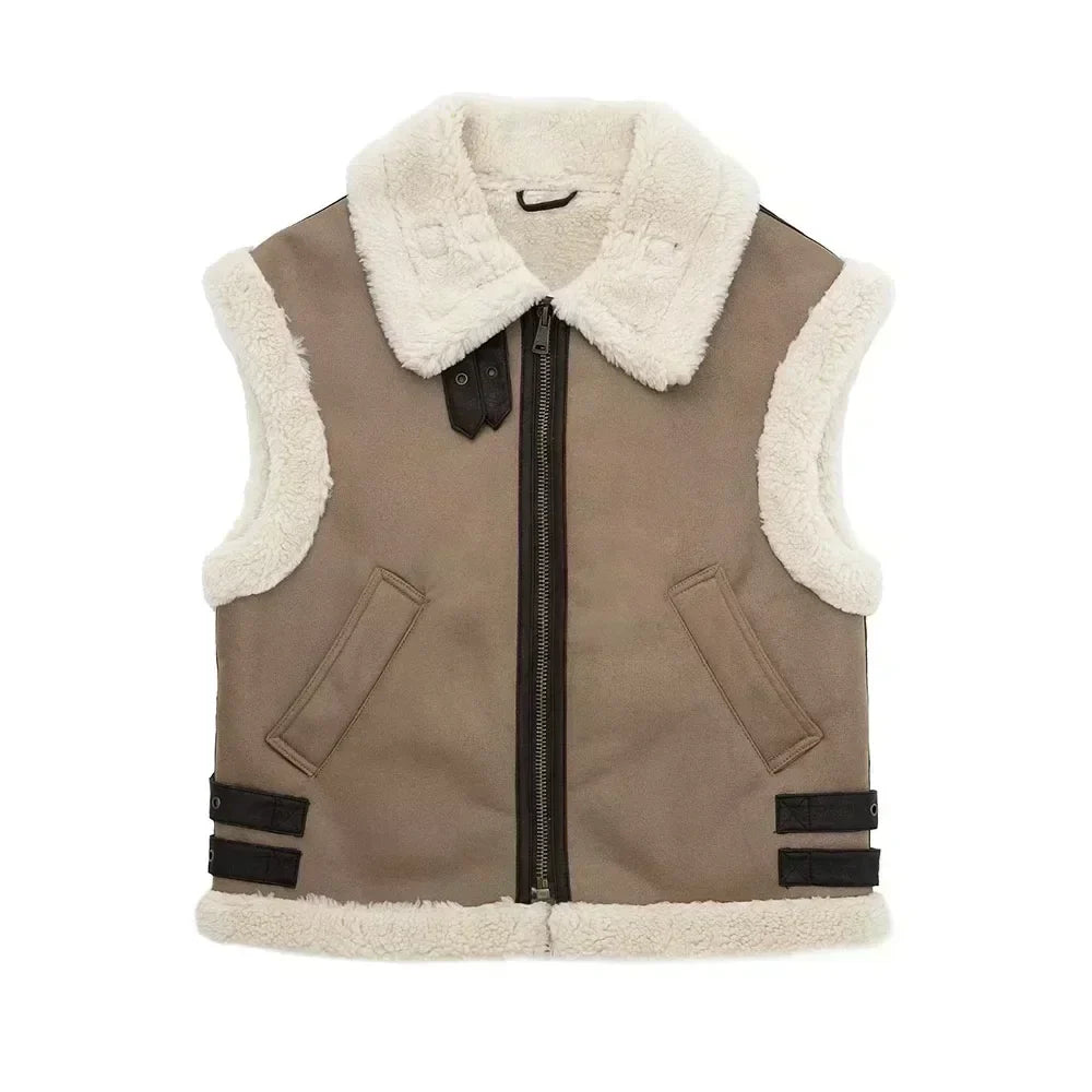 Women 2024 autumn New Fashion Fleece stitching vest Vintage Sleeveless  Pockets Female Waistcoat Chic Tops