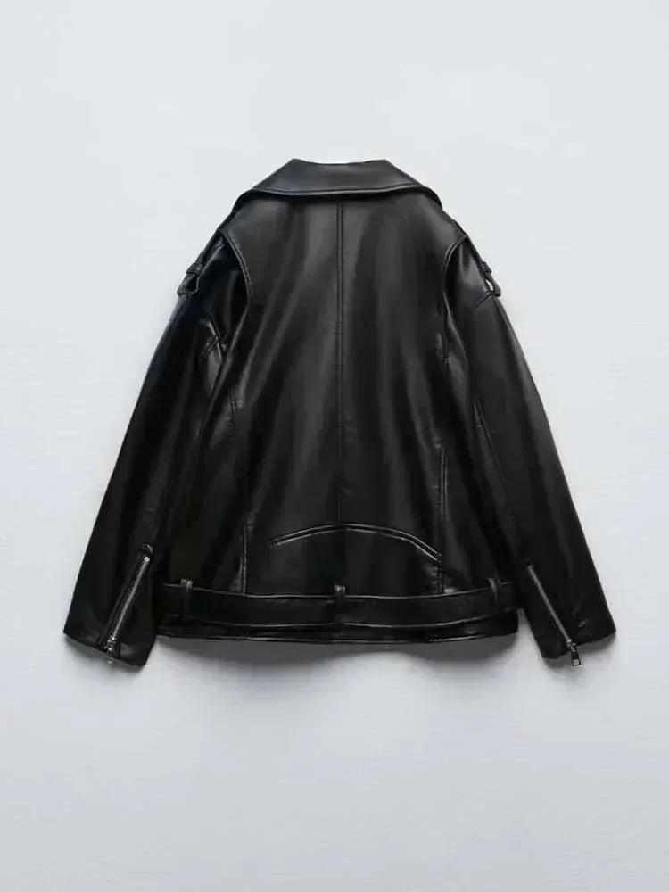 Women 2023 New Fashion With belt Loose Faux leather Locomotive style Jacket Coat Vintage Long Sleeve Female Outerwear Chic