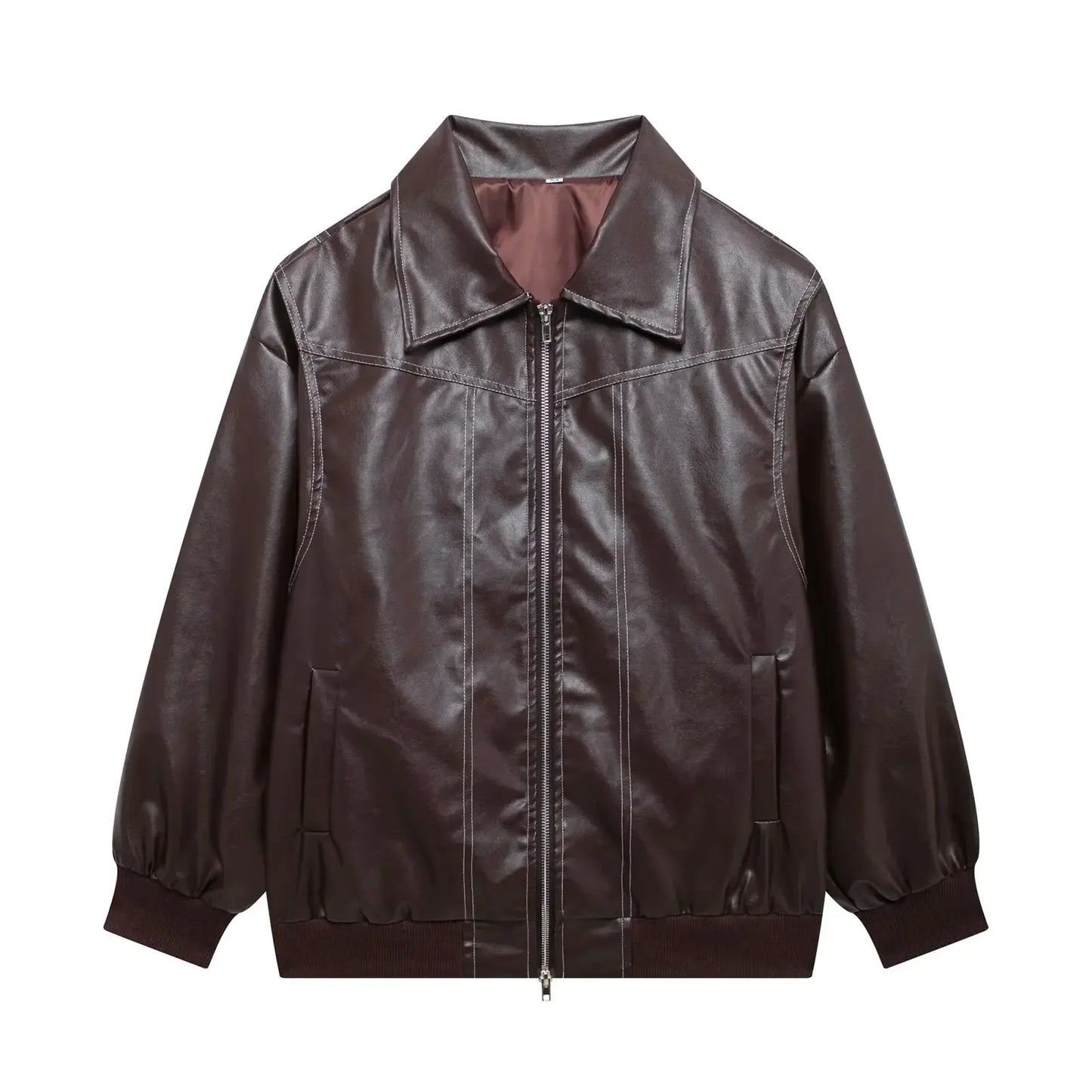 Women's new Fashion loose side pocket casual imitation leather jacket coat retro lapel long sleeved women's coat chic top