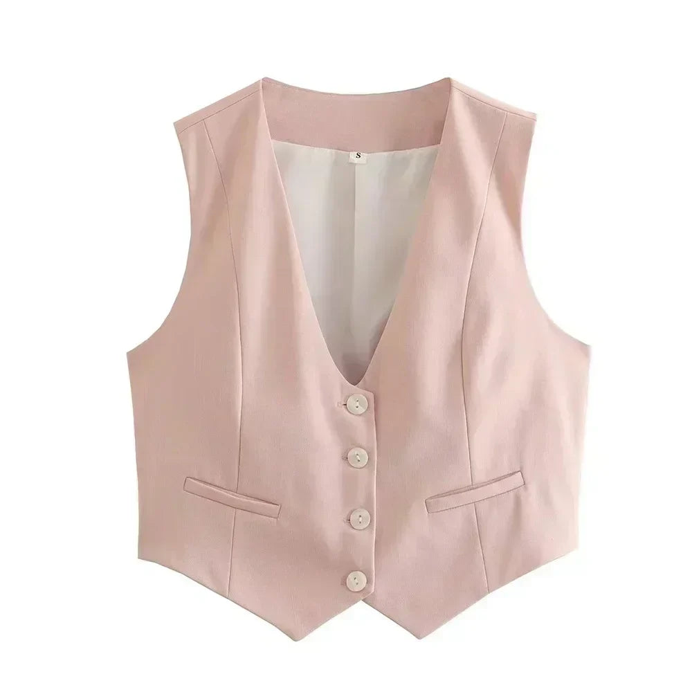 Women New Fashion Cropped V Neck Solid Casual Vest Vintage Sleeveless Button-up Female Waistcoat Chic Tops
