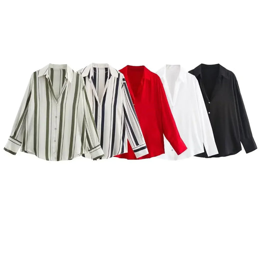 Women's new fashion loose printed striped shirt casual single breasted satin shirt retro long sleeved women's shirt chic top