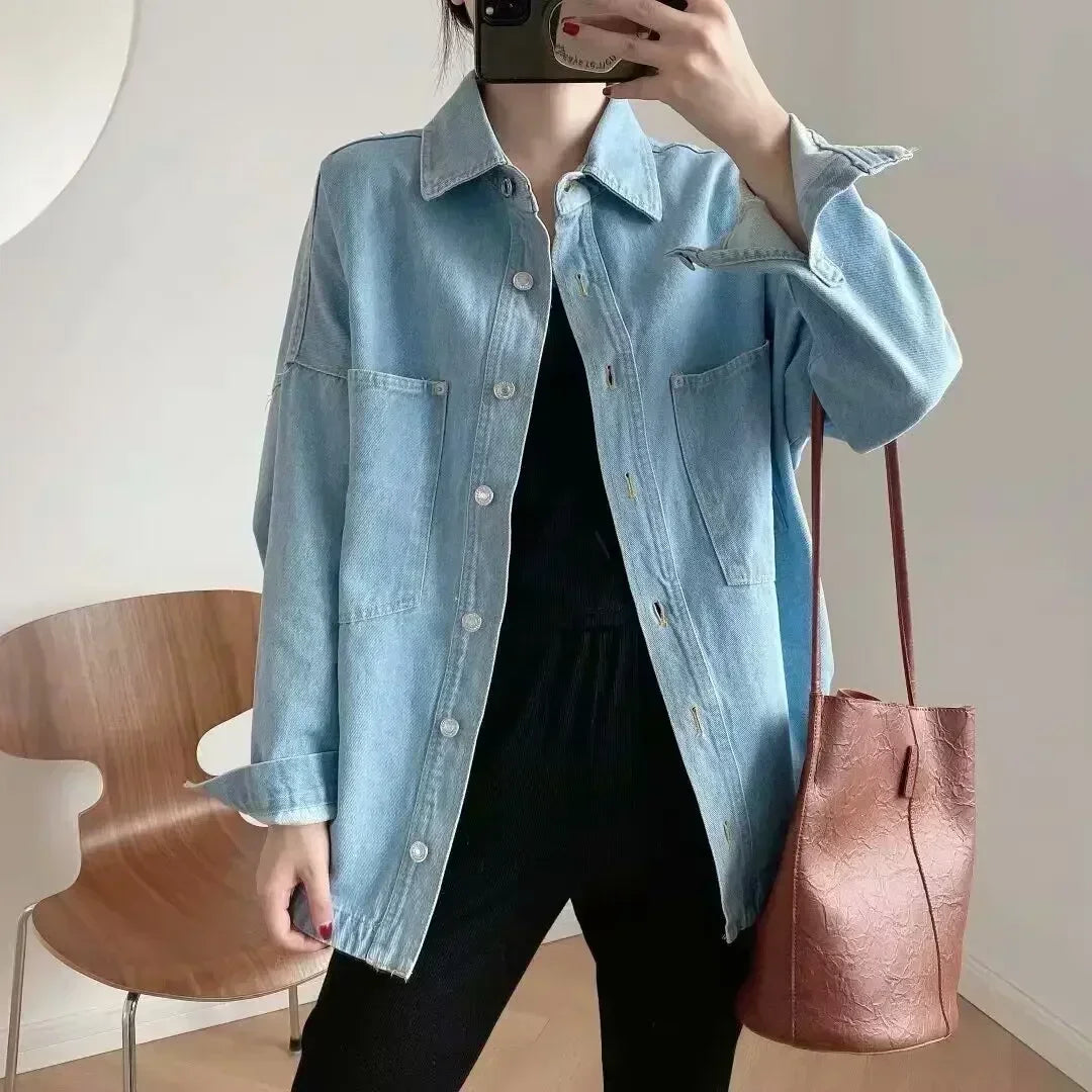 Women's new fashionable large pocket decoration loose casual denim shirt retro long sleeved button up women's shirt chic top