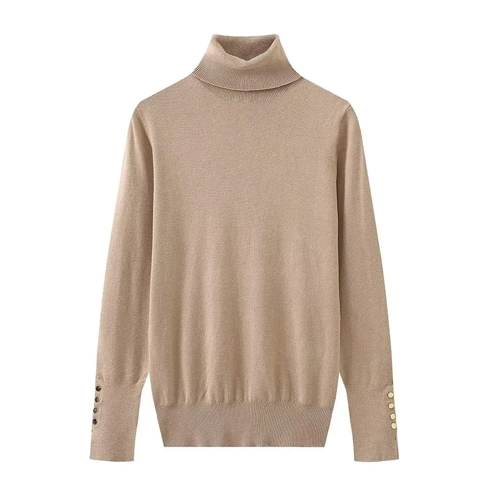 Women's new fashion Cuff button decoration casual versatile basic style knitted top retro high neck women's pullover chic top