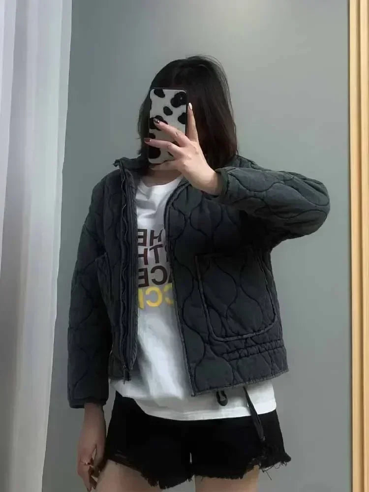 Women's 2024 New Fashion Large Pocket Decoration Loose Warm Washed Cotton Coat Retro Long Sleeve Zipper Women's Coat