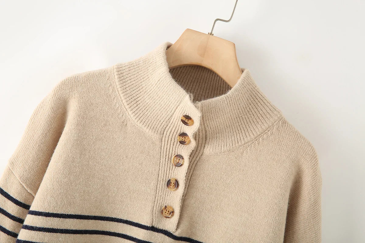 Women's new fashion button decoration casual stand collar striped knitted sweater retro long sleeved women's pullover chic top