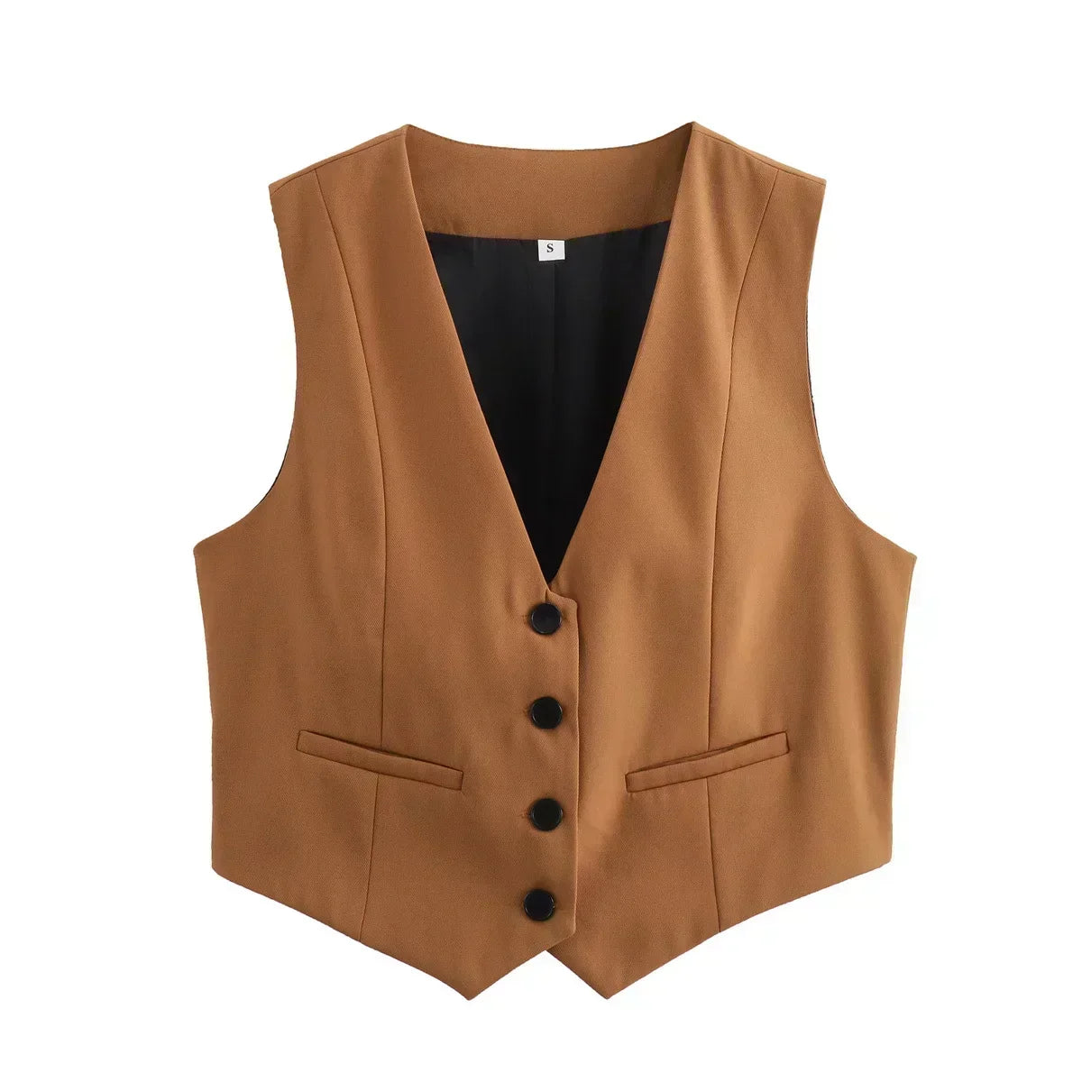 Women New Fashion Cropped V Neck Solid Casual Vest Vintage Sleeveless Button-up Female Waistcoat Chic Tops