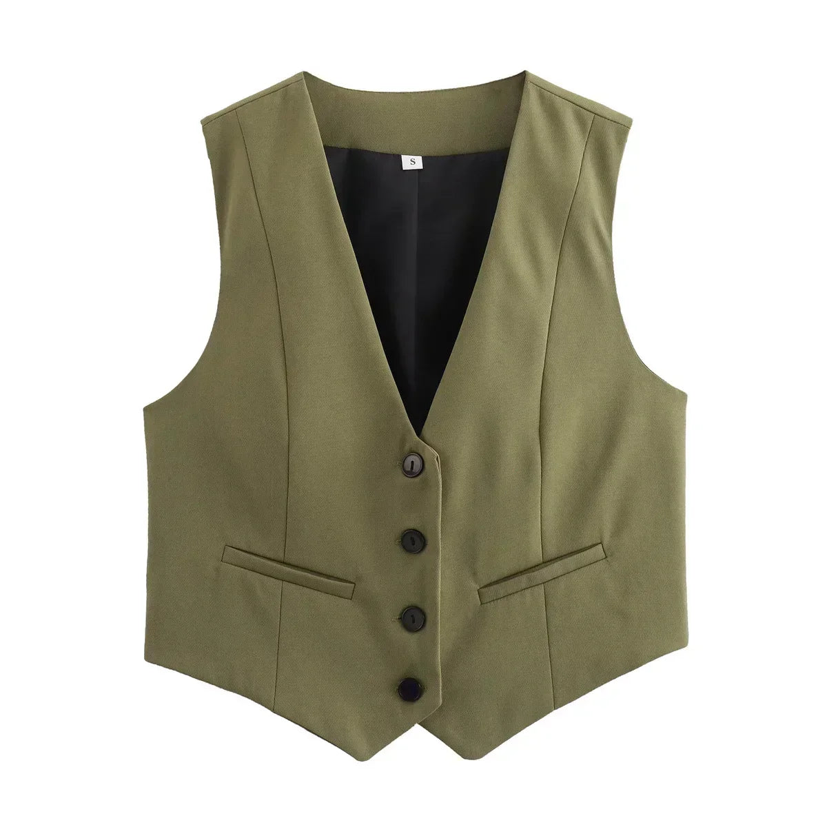 Women New Fashion Cropped V Neck Solid Casual Vest Vintage Sleeveless Button-up Female Waistcoat Chic Tops
