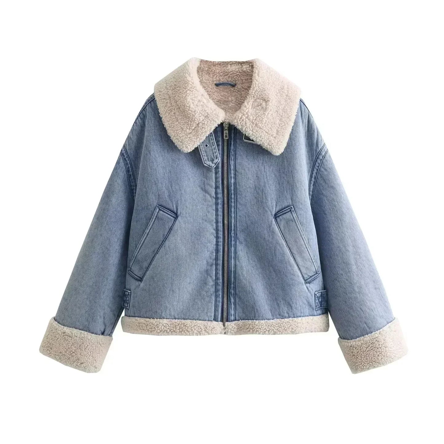 Women New Fashion Washing effect Double sided Denim Jacket Coat Vintage Long Sleeve zipper Female Outerwear