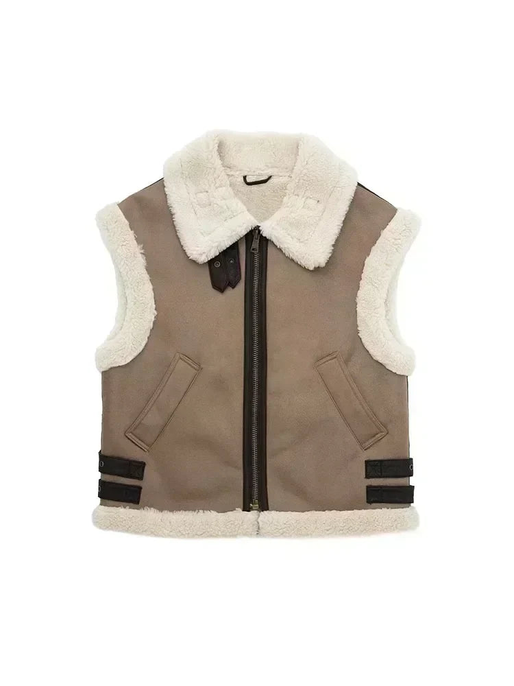 Women 2024 autumn New Fashion Fleece stitching vest Vintage Sleeveless  Pockets Female Waistcoat Chic Tops