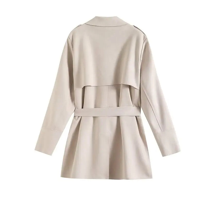 Women's new fashion with belt loose suede effect double breasted lapel coat retro long sleeved side pocket women's coat chic top